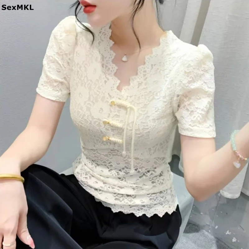 

Vintage Lace Summer Blouses Woman V Neck Short Sleeve Y2k Clothes Slim Fit See Through Sexy Ladies Casual Tops Womens Shirts