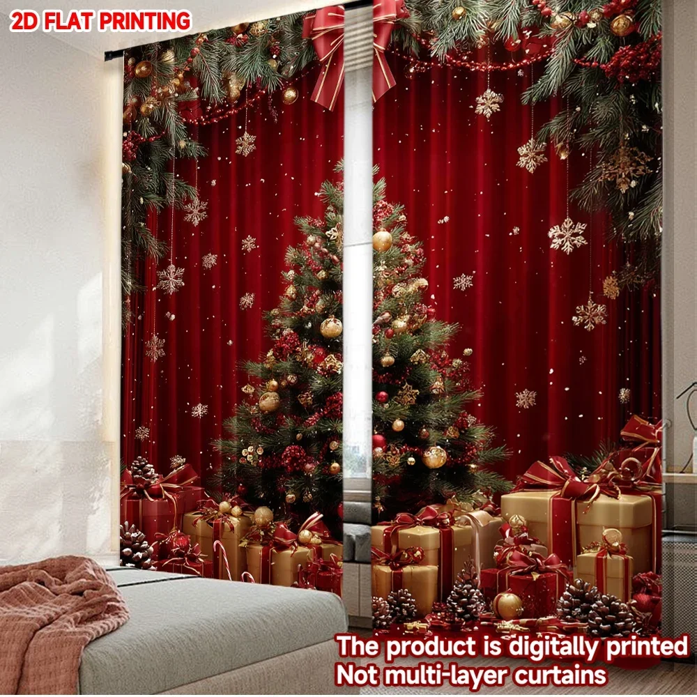 2pcs Christmas Tree Gift Curtains , Green Tree with Red Balls Golden Gifts Snowflakes for Festive Living Room Decor