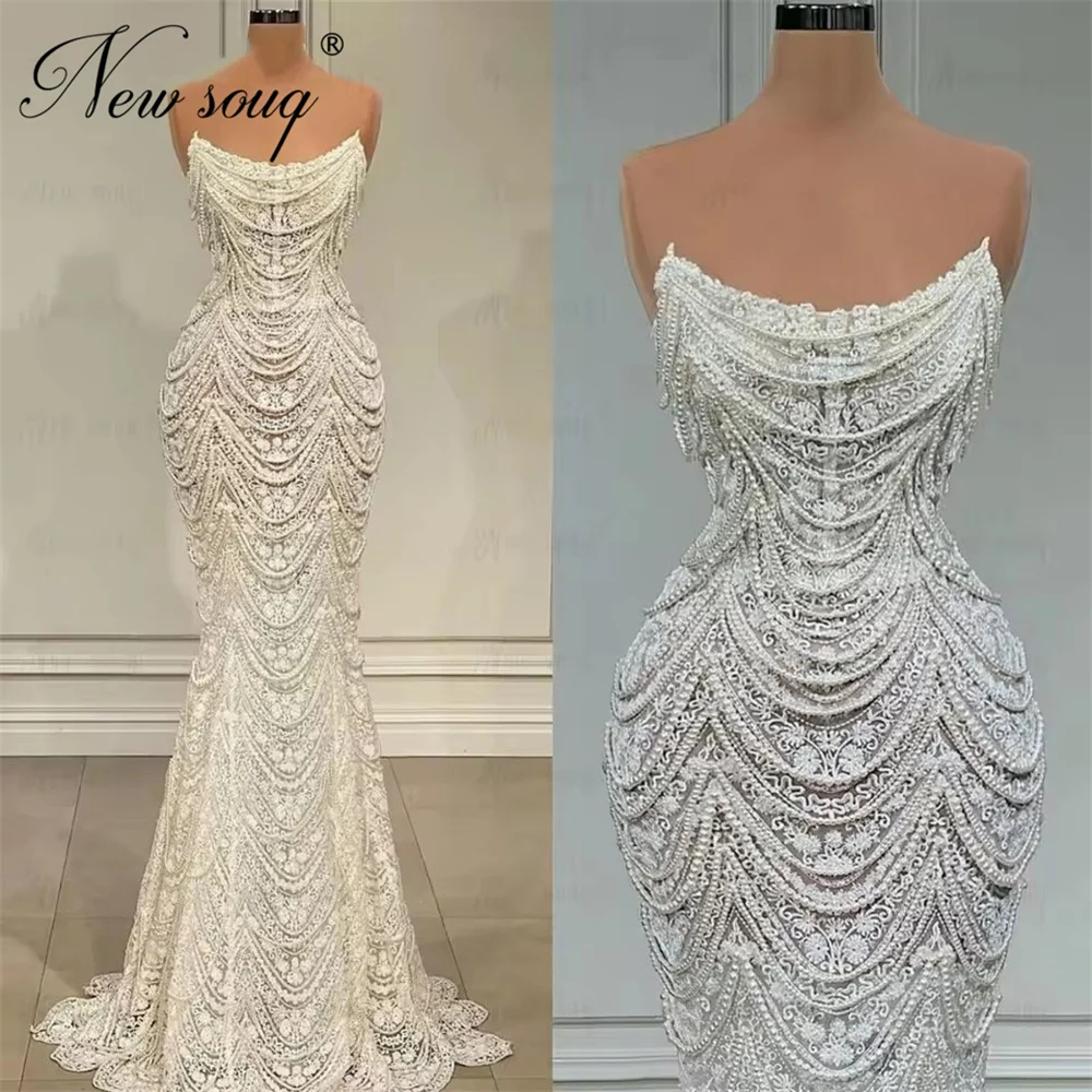 

2026 Elegant Ivory Pearls Evening Dresses Strapless Mermaid Prom Dress For Women Robes De Soiree Wedding Party Gowns Customized