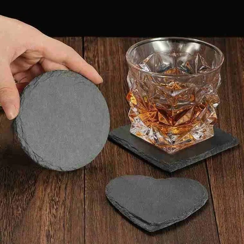 4pcs Coaster Pad Reusable Japanese Slate Dining Mat Coasters Stone Round Square Heart-Shaped Heat-Insulating Carved Coasters