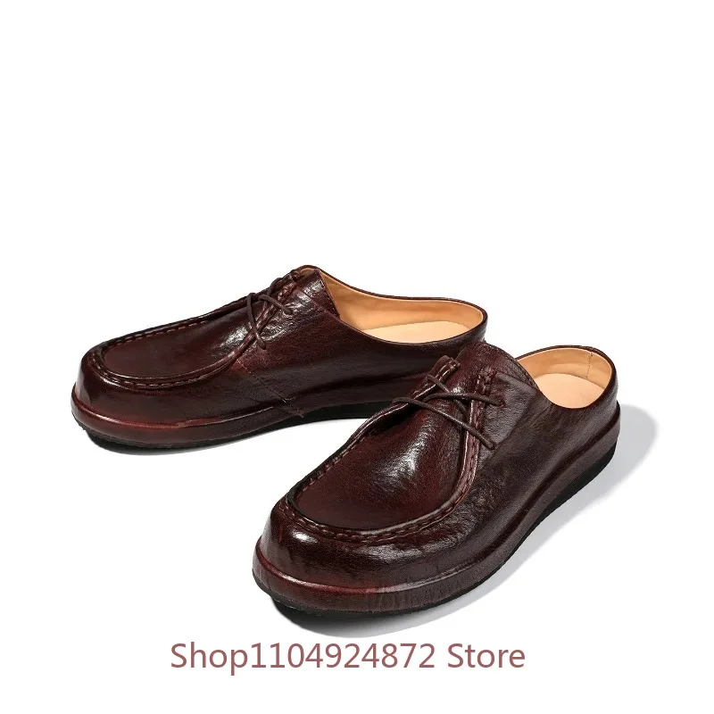 Old Money Style Men Shoes Genuine Leather Backless Moccasin Mules Lace Up Slip on Vintage Platform Casual Slide Shoes