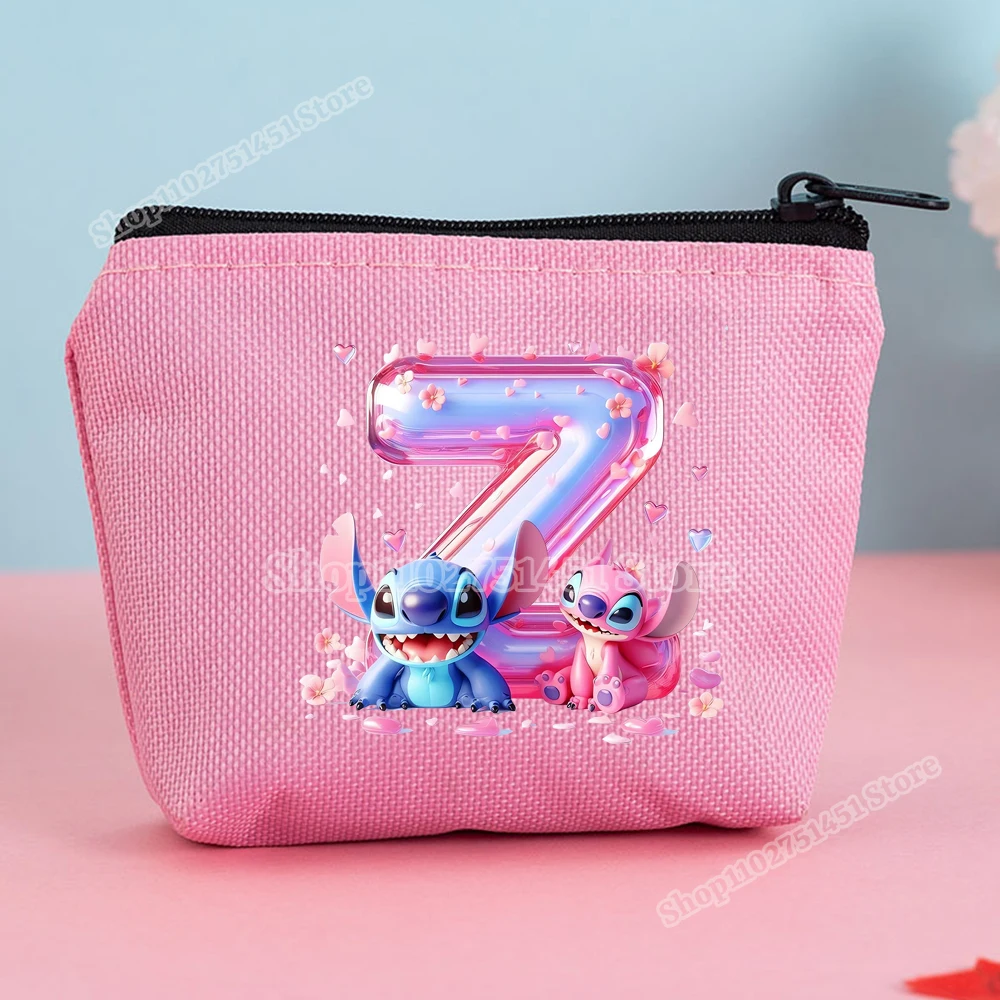 Lilo & Stitch Letter A-Z Print Pink Mini Wallet Canvas Coin Purse for Girls Cute Cartoon Disney Stitch Card Holder Money Pouch