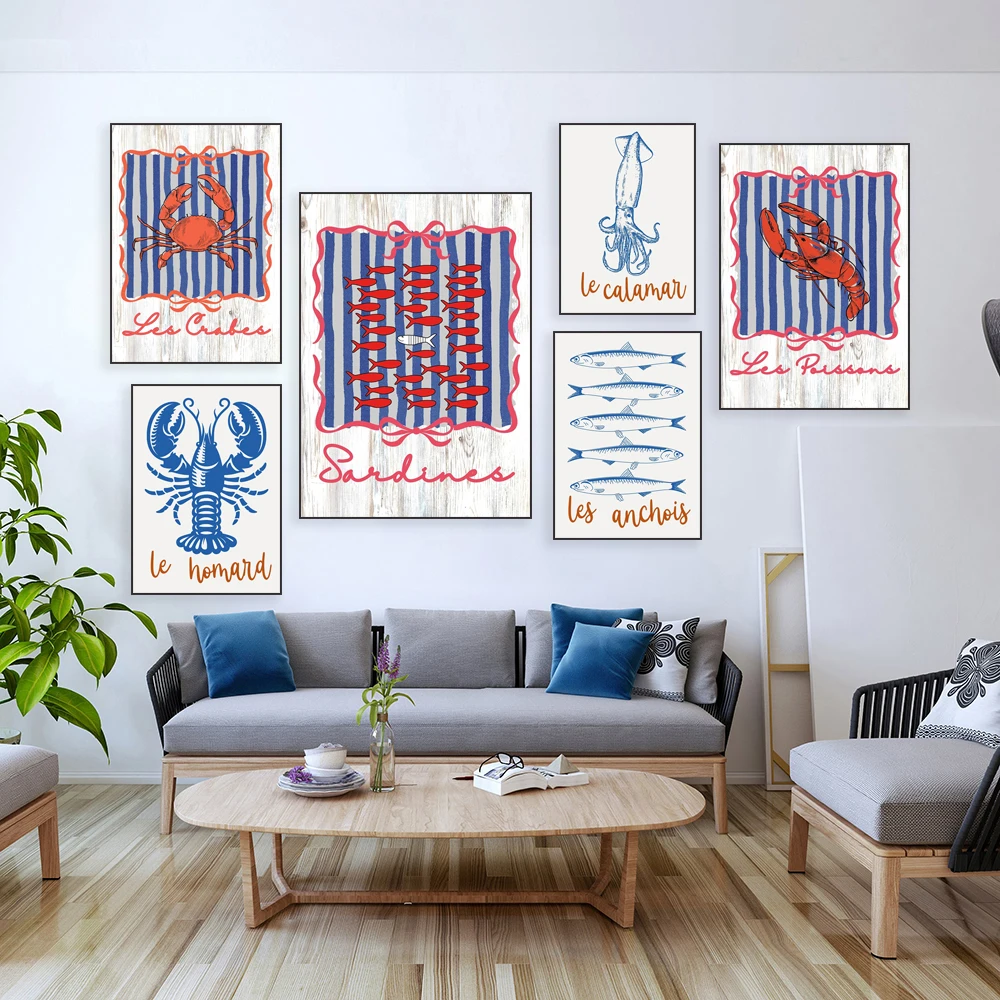Vintage sardines, blue crab, anchovies, squid, lobster, Les Crabes nautical crabs poster print, restaurant kitchen decor