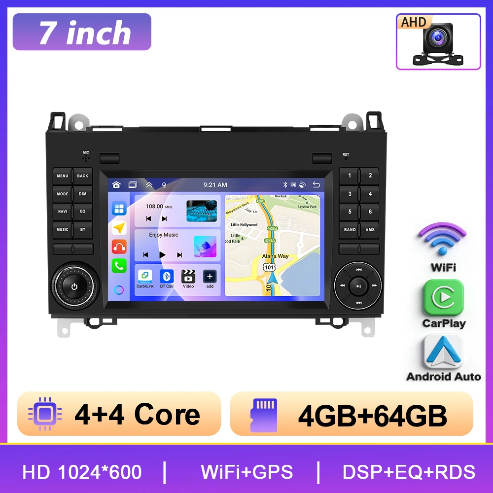 Podofo Carplay Videospeler Autoradio Radio 2din 7" Autoradio voor Mercedes Benz B200 W245 W169 2004-2012 Viano VITO W639 GPS BT