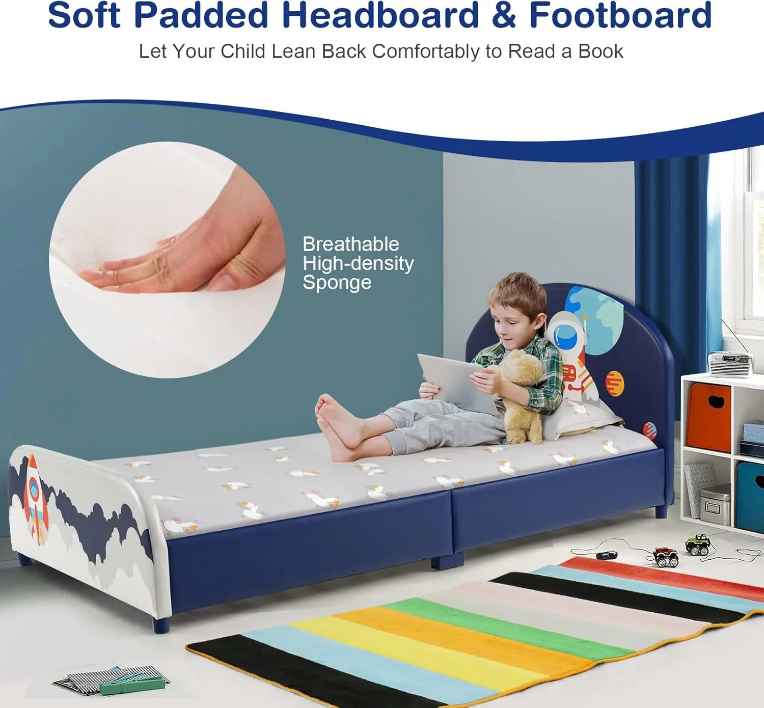 Wood Upholstered Twin Bed Platform with Slat Support, Padded Headboard&Footboard, No Box Spring Needed, Easy Assembly, Fits Stan