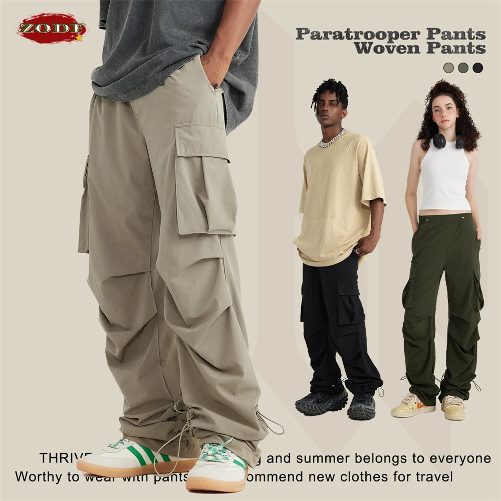 

ZODF 2023 Summer Men Drawstring Cargo Pants Unisex High Street 155gsm Double Knee Quick Dry Straight Paratrooper Trousers HY0564