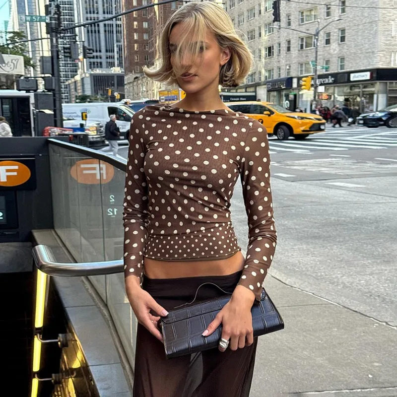 

Talenza Women Polka Dot T-Shirts Fashion Vintage Contrast Mesh Long-Sleeved Tops New Casual Streetwear Female T-Shirts Clothing