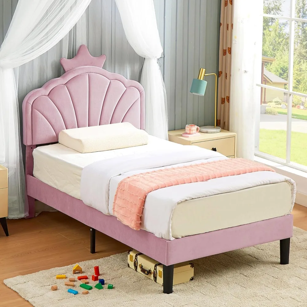 

VECELO Twin Size Bed Frame Upholstered with Headboard, Strong Platform with Crown for Kids Girls, Wooden Slats Support, No Box