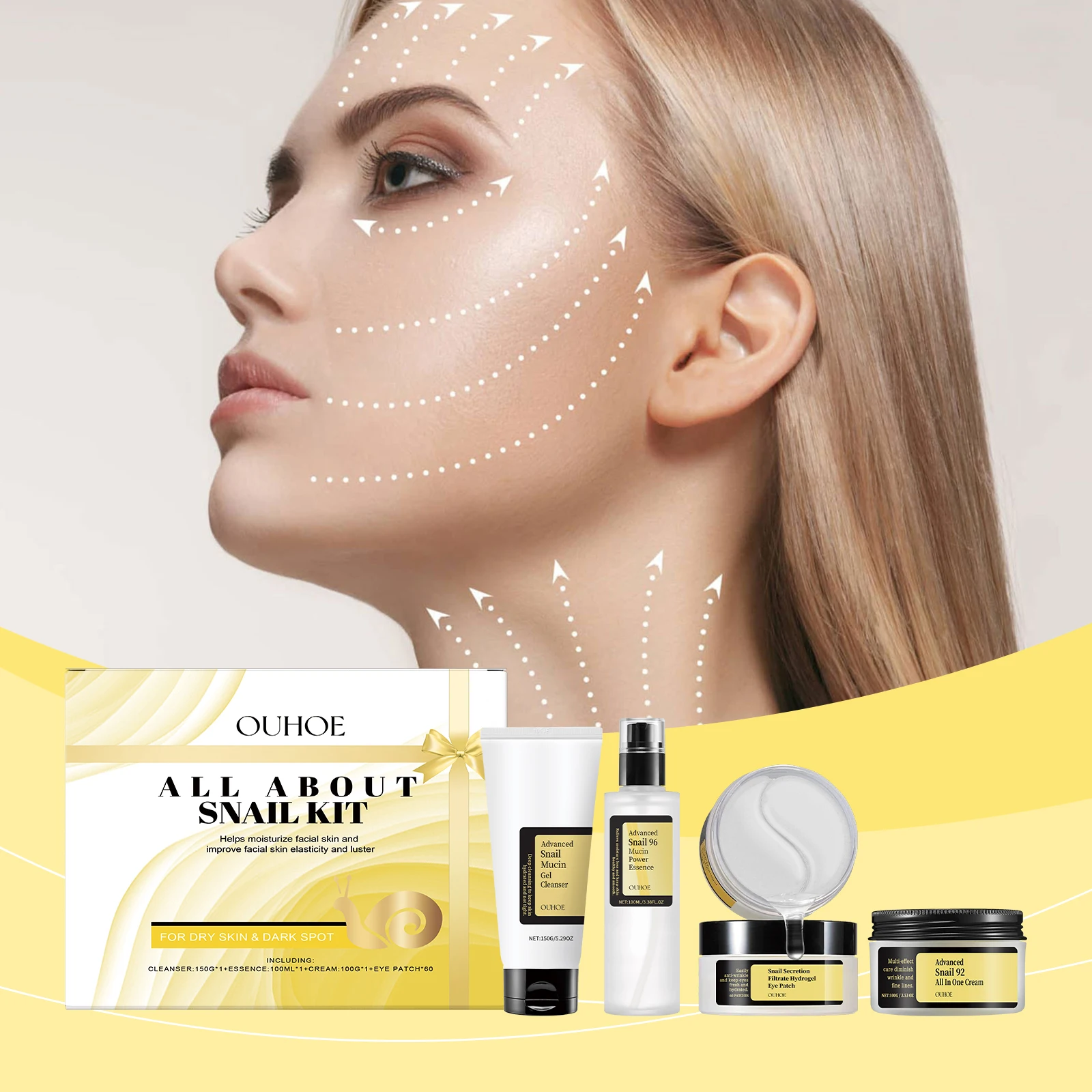 Snail Mucin 96% Korean Skin Care Fade Fine Lines Repair Tighten Firming Moisturizing Smooth Glow Brightening Facial Essence Set