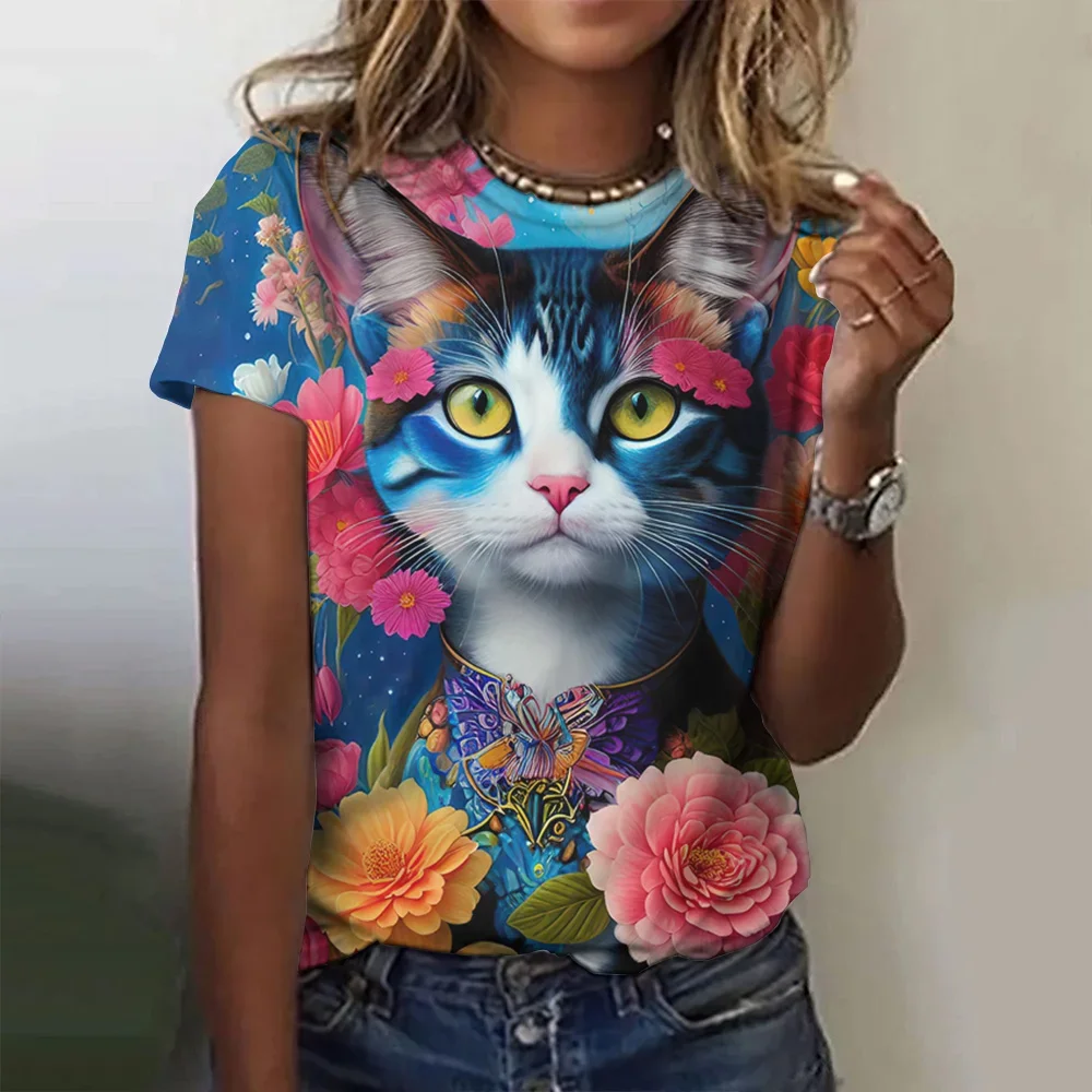 Camiseta con estampado 3D para mujer, top de manga corta a la moda, Camiseta con estampado de gato Kawaii Y2k, ropa de gran tamaño para mujer