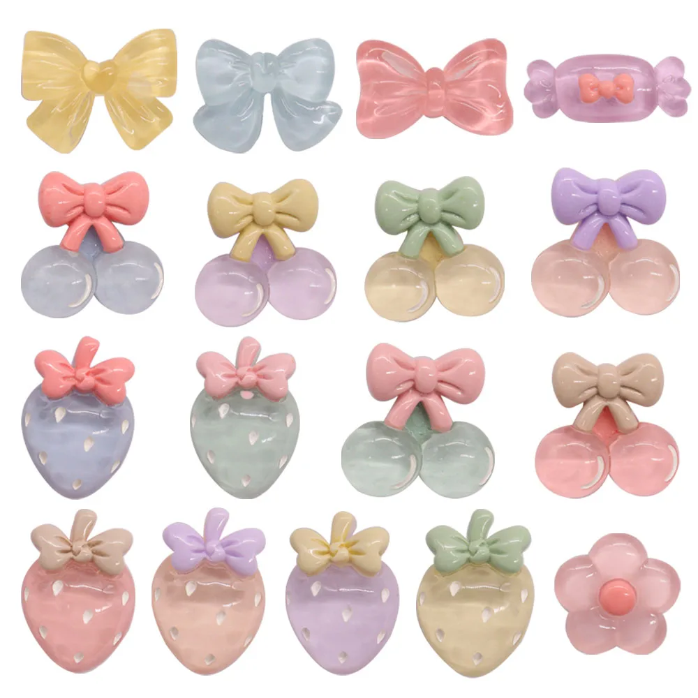 Mix 50pcs Resin Shoe Charms Colorful Bow Tie Candy Cherry Strawberry Flower Decorations for Bracelets Slipper Accessories