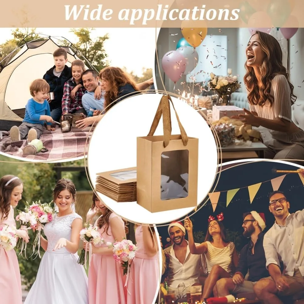 12 sacchetti regalo in carta kraft con finestra trasparente, borsa da 7,9x5,9x4,1 pollici con manici per lo shopping, compleanno, addio al nubilato, festival