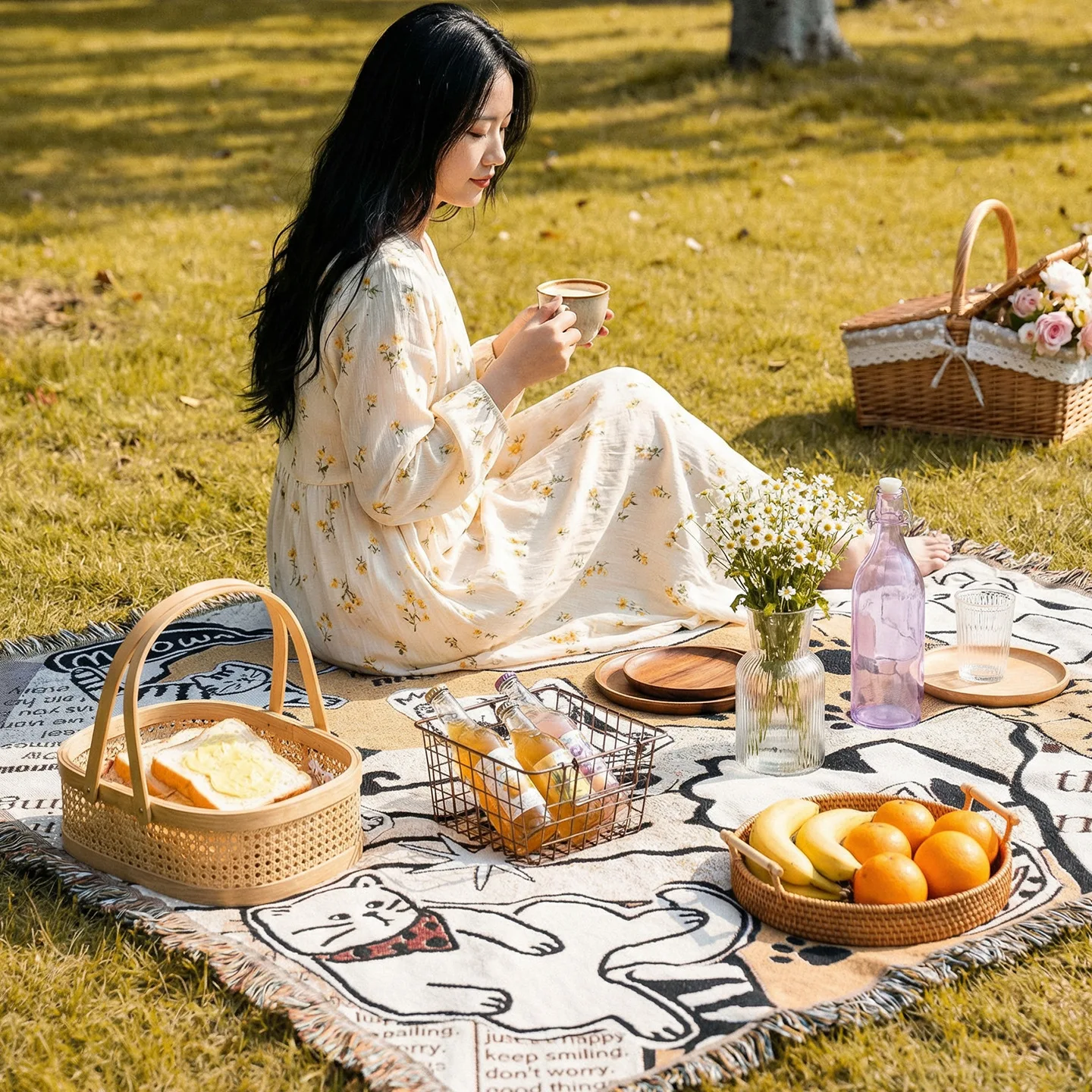 Portable Picnic Blanket Cute Cat Cartoon Jacquard Woven Blanket Multifunctional Tapestry Sofa Towel Cover & Travel Camping Mat