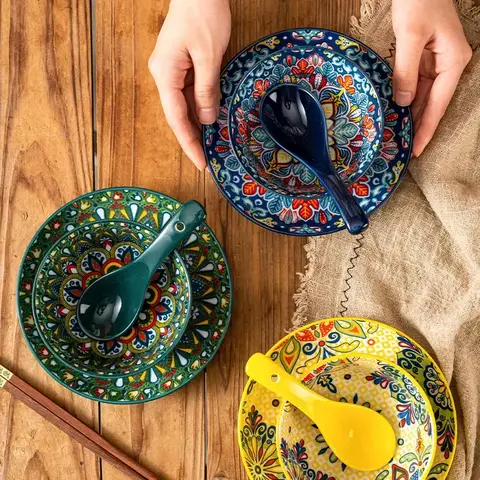 सिरेमिक टेबलवेयर सेट तीन-टुकड़ा घरेलू चावल का कटोरा प्लेट चम्मच सेट रेस्तरां हॉट पॉट बारबेक्यू शॉप वाणिज्यिक 8 best sales डिनरवेयर सेट - №3