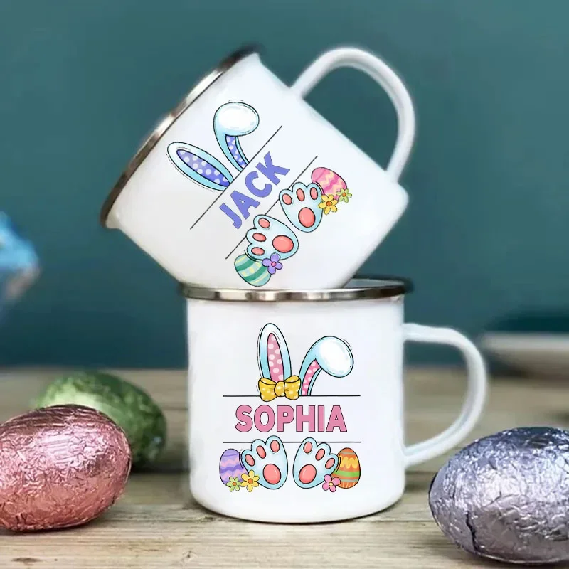 

Personalized Bunny Easter Enamel Mugs Custom Name Kids Cocoa Chocolate Sibling Mug Easter Party Drink Juice Milk Cup Kid Gift