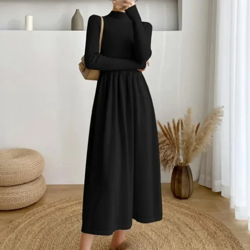 Half High Collar Mid Length Elegant Wind-driven Fur Dress 2024 Autumn and Winter New Long Sleeved Base Knitted Dress for Women