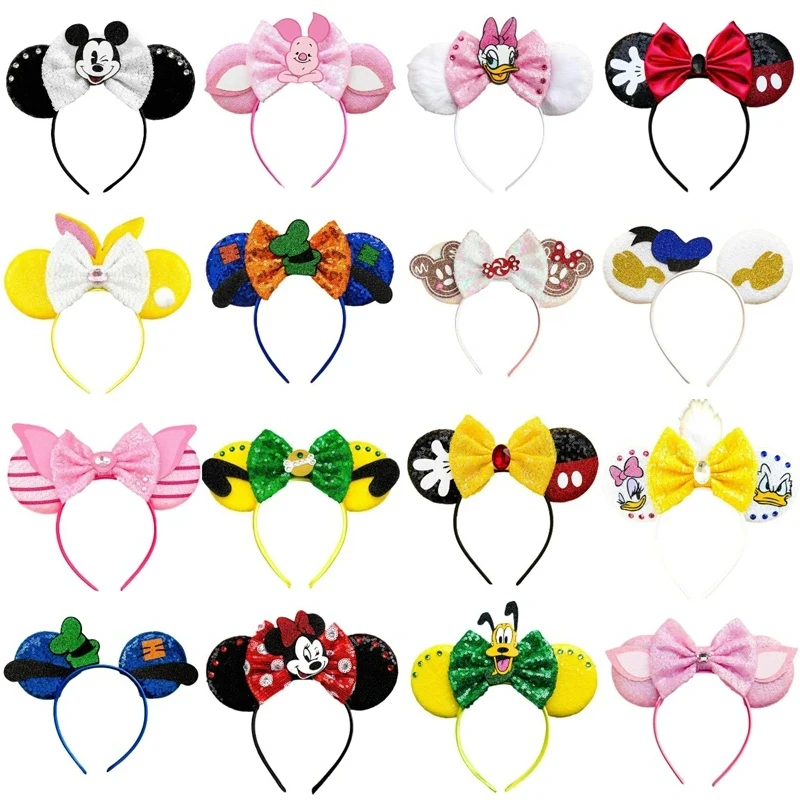 Disney Mickey Mouse Ears Headbands for Girls Kids Women Sequins Bow Hair Accessories Minnie Mouse Pluto Hairband Piglet Headwear