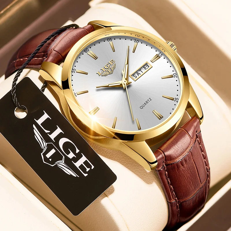 LIGE Quartz Men Watches Leather Strap Male Wristwatches Top Luxury Brand Luminous Date Week Business Men\'s Clock Reloj Hombres