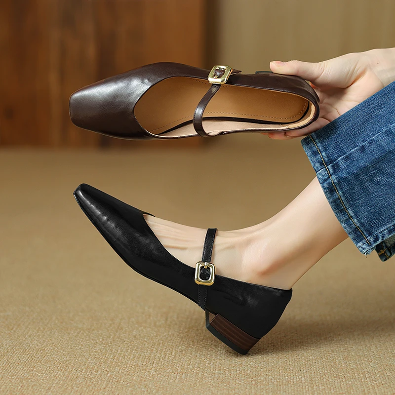 

2026 new spring autumn women pumps natural leather plus size 22-26.5cm cowhide+pigskin square toe buckle mary janes women shoes