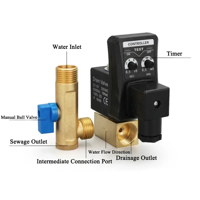 Solenoid Valve for Air Compressor Condensate AC 220V 1/2 Inch Electronic Drain Valve Electric Timer Auto Water Valve