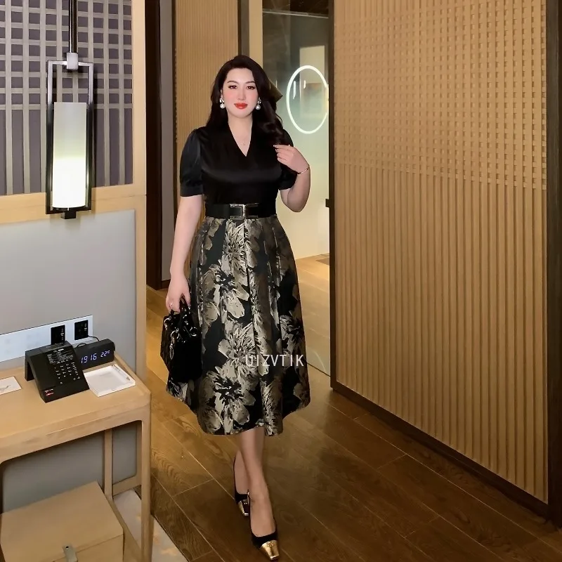 

Women Elegant Plus Size Dresses Jacquard Dress High Quality Office Lady Cocktail Party Robe Vintage Designer Business Vestidos