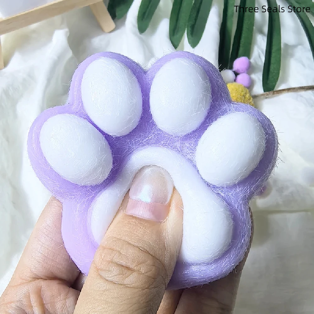 Squeeze Cat's Paw with Fur Stress Relief Squishy Fidget Toy Mini Kawaii Plush Silicone Sticky Decompressing Pinching Cat Foot