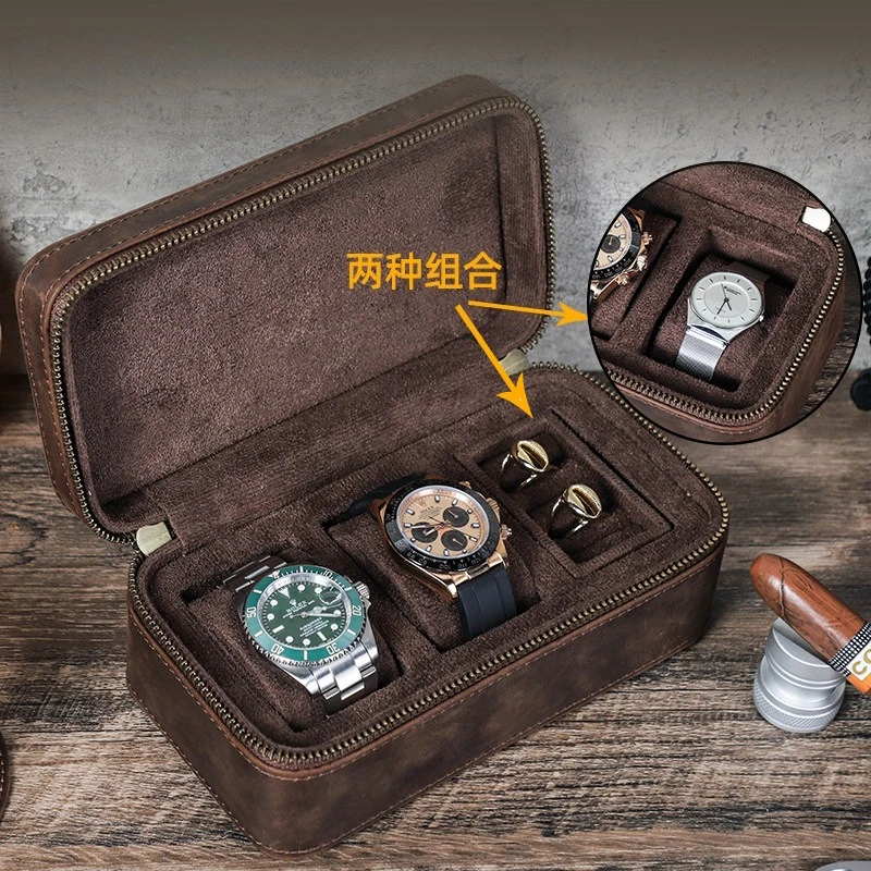 

Vintage Crazy Horse Leather Three-Pack Watch Jewelry Storage Box Travel Portable Jewelry Gift Box Leather Watch Box