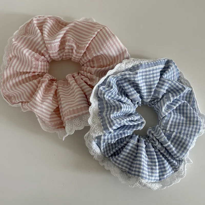 

Women's Lace Trim Plaid Fabric Scrunchies Sweet Elastic Hair Ties Rubber Band Kids Girls Hair Accessories Headwear