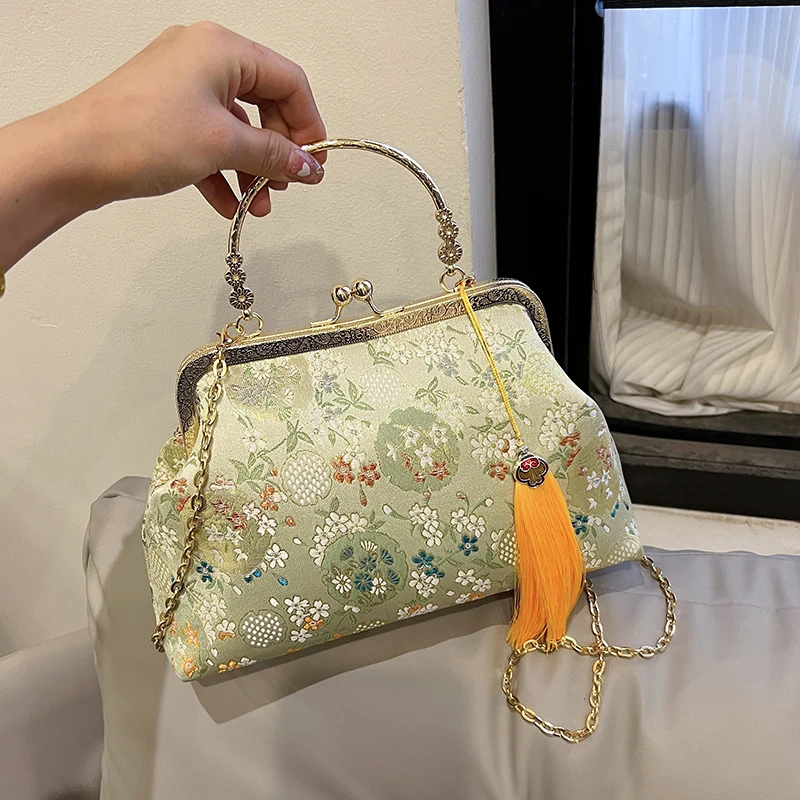 Elegant Embroidered Handbags for Women Fashion Metal Handle Shoulder Bag with Chain Strap Ladies Evening Party Purse Gift wallet