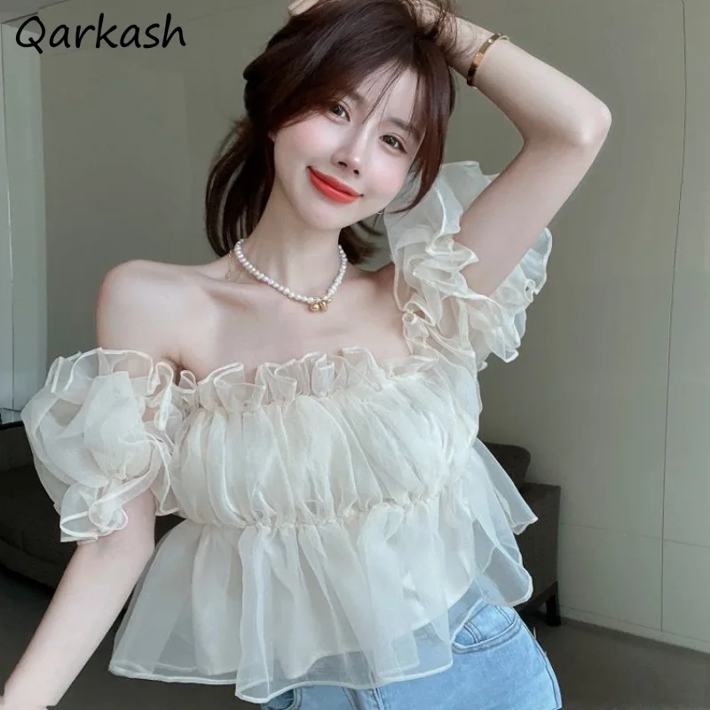 

Blouses for Women Basic Solid Mesh Design Slash Neck Korean Style Fashion Casual Hotsweet Girlish Crop Tops Slim Fit Tender Chic