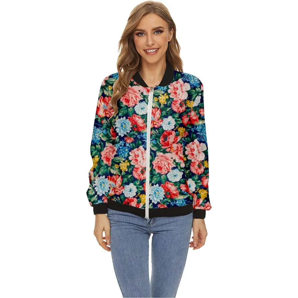 Women's Jacket Tops Long Sleeves Flower Print Baseball Collar Zipper Coat Slim Fashion Lady Girls bomber Jacket Street Style