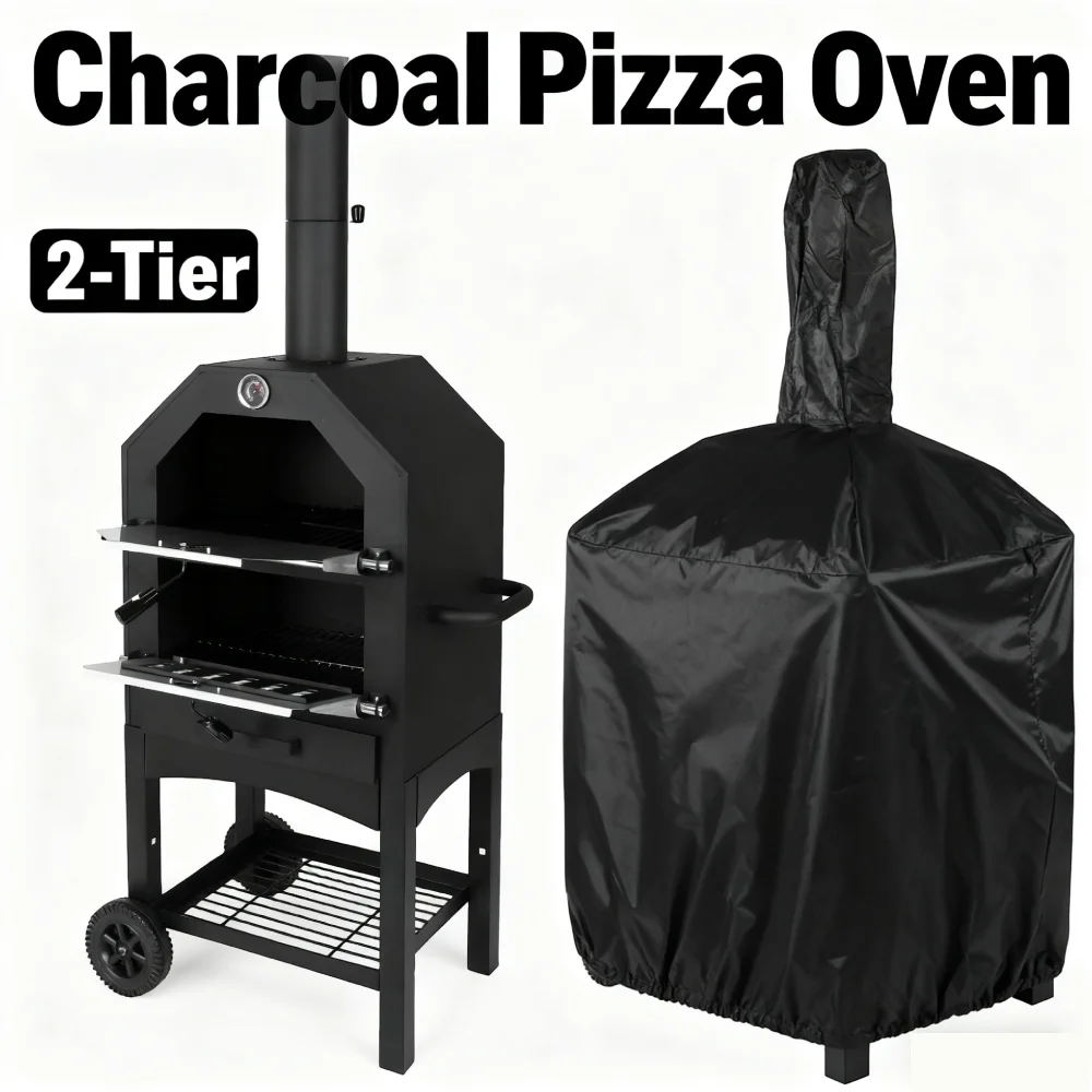 

Передвижная отдельно стоящая угольная печь для пиццы с колесами дымохода, 2-уровневая уличная садовая печь для пиццы для заднего двора, кемпинга, задней двери