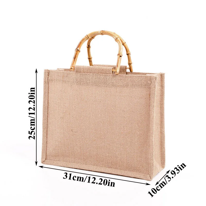 Saco de compras portátil de juta para mulheres Bamboo Loop Handles Tote, saco de lona retro, bolsa de praia, tamanho grande, DIY