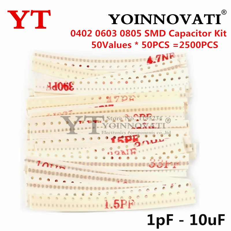 2500Pcs 0402 0603 0805 SMD Ceramic Capacitor Assorted Kit 50Values 1PF - 10UF 100PF 10NF 100NF 0.47UF 1UF
