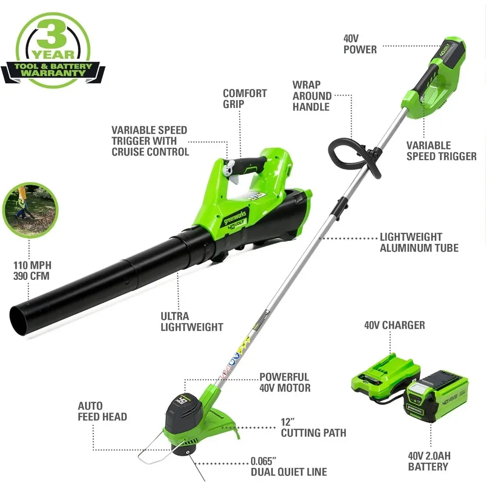 40V Cordless String Trimmer and Leaf Blower Combo Kit, 2.0Ah Battery and Charger Included