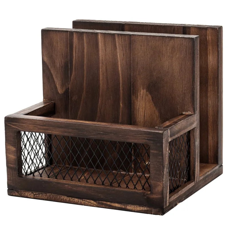 

AAAN-Napkin Holder Multifunctional For Farmhouse Style- Rustic Solid Burnt Wood& Diamond Metal Wire Mesh For Home And Commercial