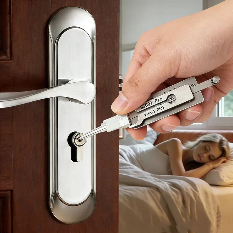 Professional SS001Pro 2-in-1 Stainless Steel Key Decoder Portable Locksmith Tool with Precision Hook & O-Ring Pickup Repair Kit