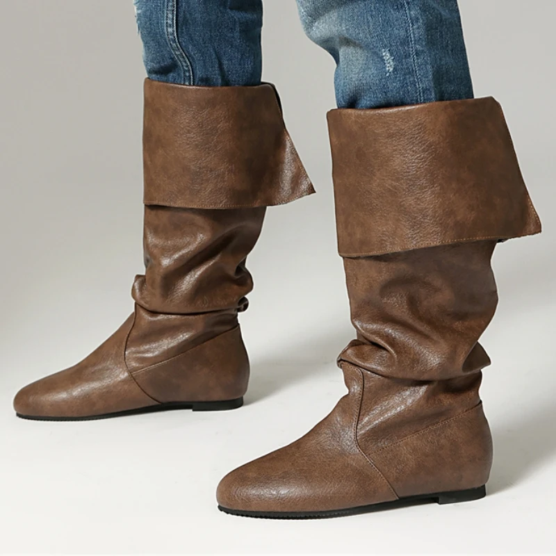 

Pleated Knee high boots Women Fashion 2025 Winter Turn-over Western PU Unisex Riding Boots Comfortable Flats Footwear Big Size