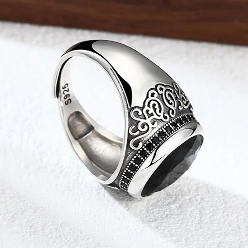 BOCAI Vintage Trendy Personalized Gifts Wholesale Tang Grass Patterned Black Agate Men's and Women's Rings S925 Silver Jewelry