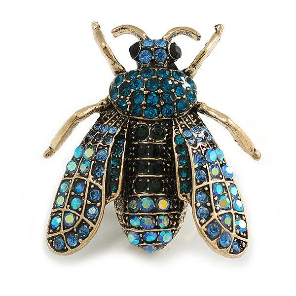 Vintage Inspired Blue Crystal Fly Brooch Exaggerated Corsage Accessories Male and Female Pins