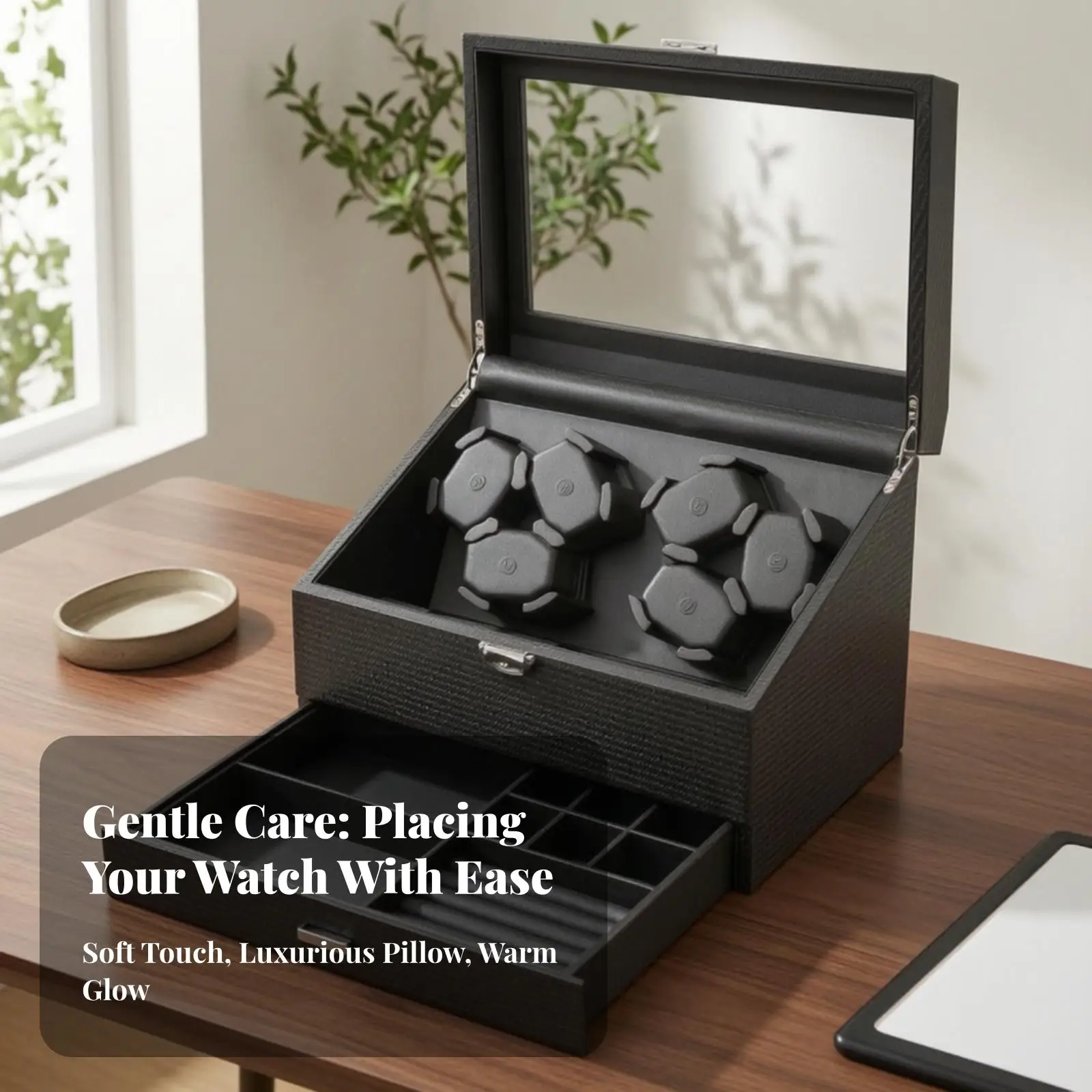 Dual Function Watch Winder and Jewelry Box for Men with Glass Lid Dust Protection