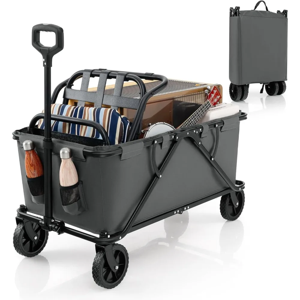 

Collapsible Wagon, Foldable Garden Cart w/Adjustable Handle, Bottle Holders & Storage Pocket, Removable Fabric, 45Gal/170L Larg