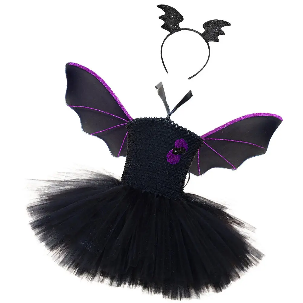 1Set Halloween Bat Wing Dress Girls Costume Dress Up Party Cosplay Outfit Birthday Festival Performance Clothes