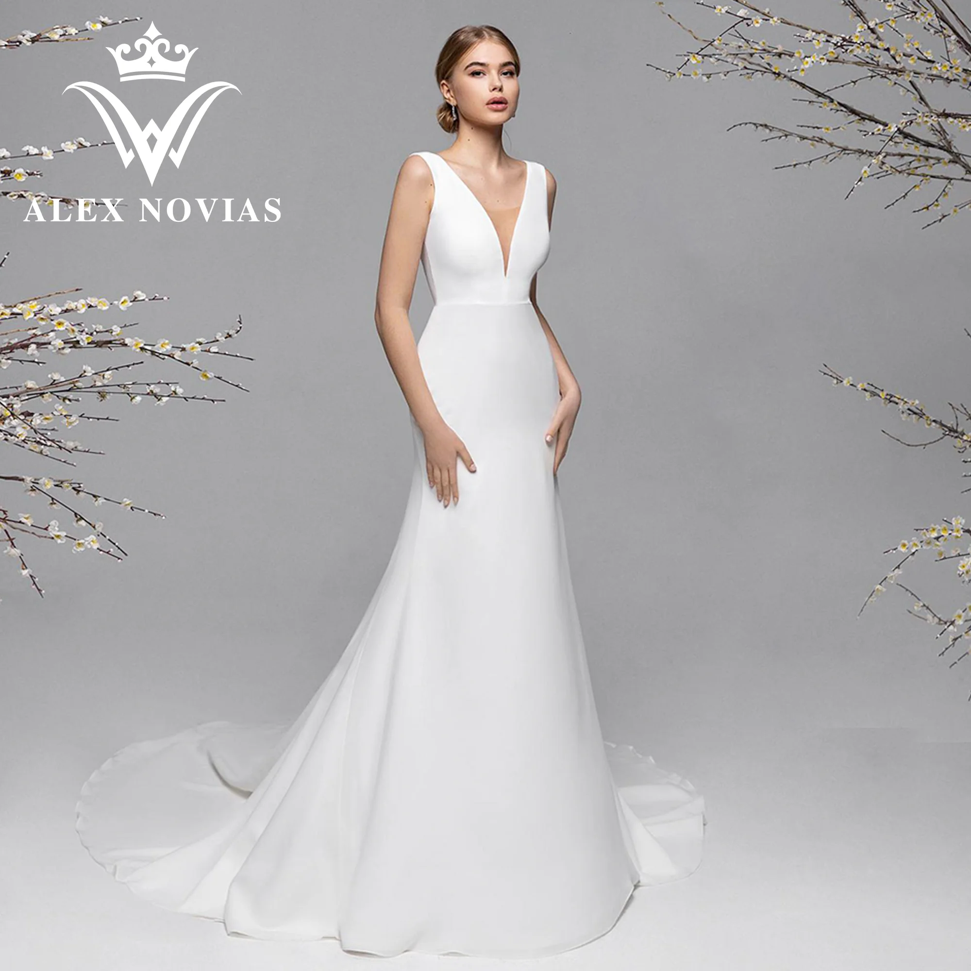 

ALEX NOVIAS 2 IN 1 Mermaid Wedding Dress With Lace Jacket 2023 Deep V-neck Romantic Satin Trumpet Dress Vestidos Novias De Saten