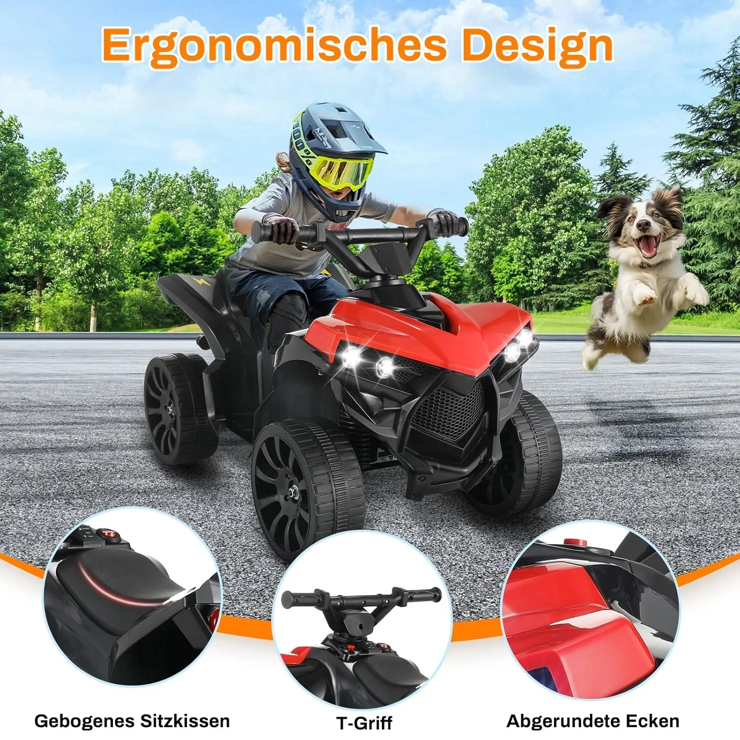 Kinder fahren auf ATV, elektrisches Gelände-Quad-Auto, 6 V, batteriebetrieben, mit Musik, Licht, Rot