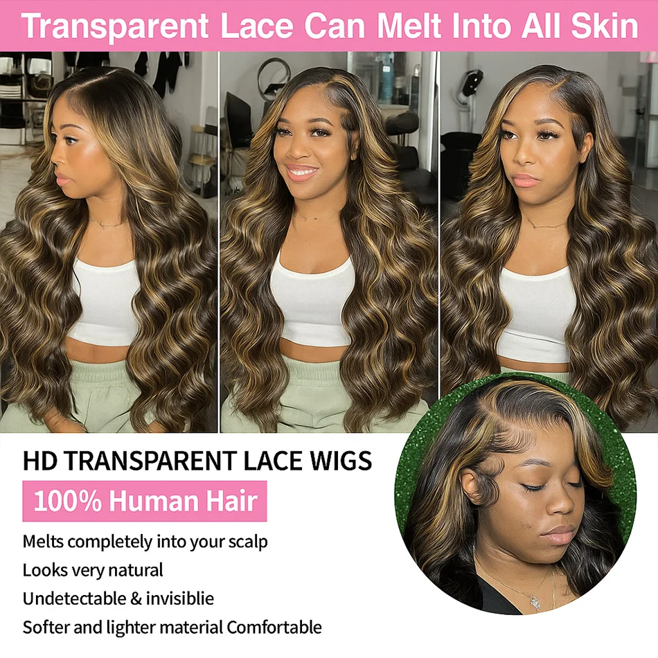 Ombre P4/27 Body Wave 13x4 HD Transparent Lace Frontal Human Hair Wig 30 Inch Highlight Honey Blonde Colored Lace Front Wigs