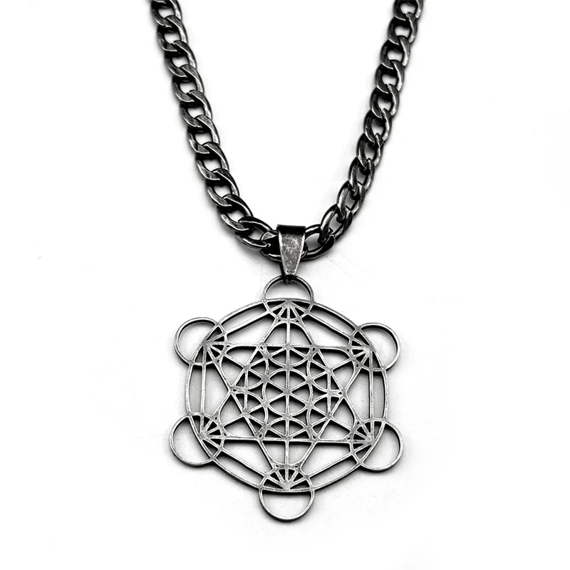 Yoga Hindu Buddhism 7 Chakra Stainless Steel Necklace Sacred Geometry Angel Seal Metatron Symbol Black Color Necklace Jewelry