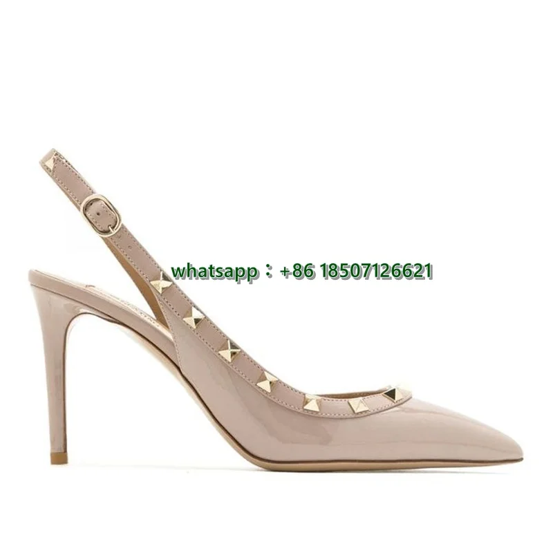 Pointed Toe Back Strap Rockstud Slingback Pumps Large Size Stiletto Sexy High Heels