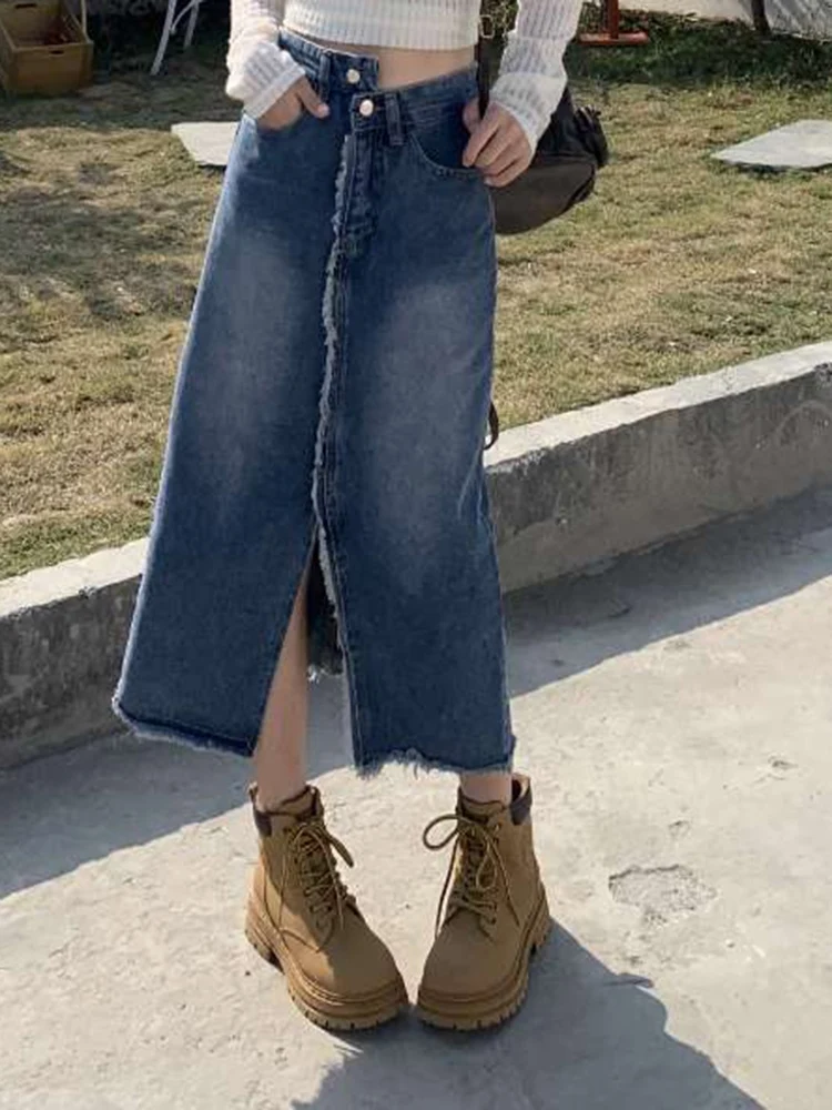 

Women High Waist Ripped Asymmetrical Loose A Line Club Skirt Pants Spicy Girl Solid Color Casual Wrap Hips Elegant Denim Dress