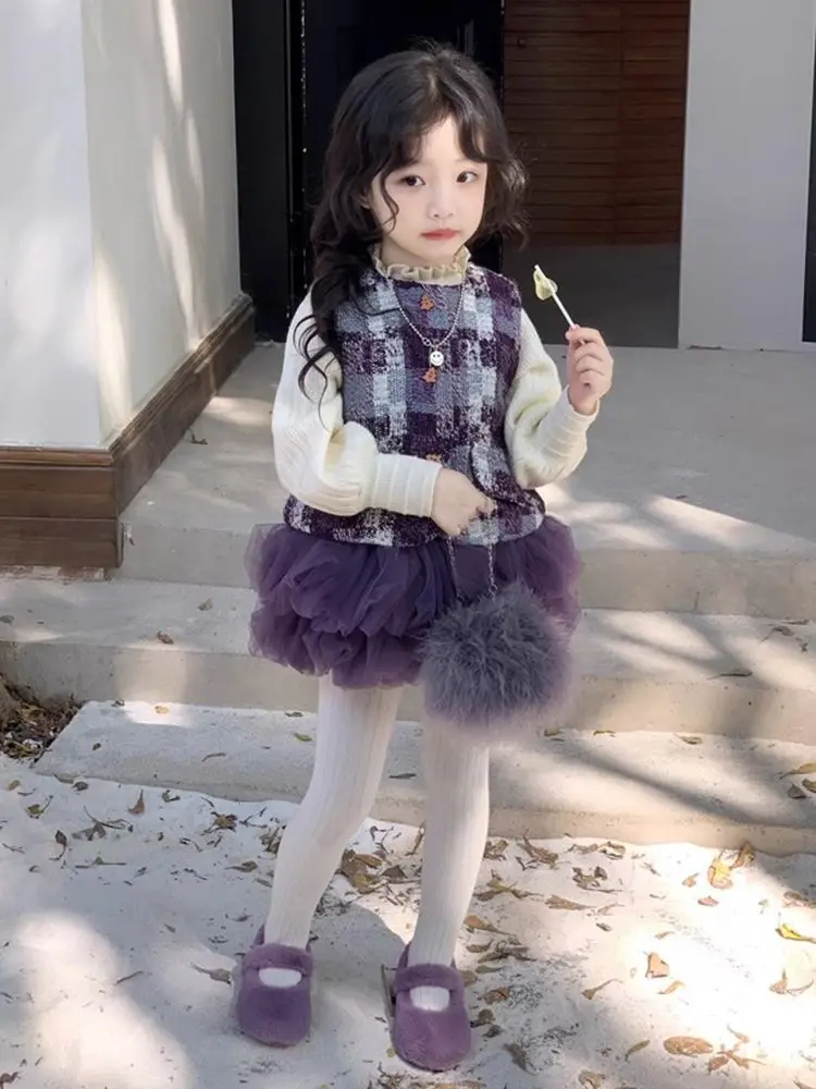 Children Fashion Elegance Clothing Autumn Winter Baby Girls Clothes Set Purple stripe Vest Coat+Sweater+Flower bud skirt 3Pcs Su